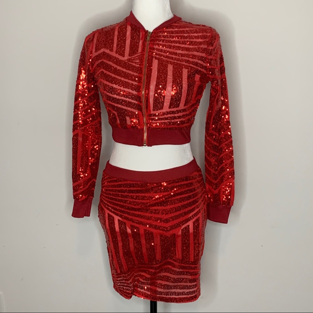 Red 2 pcs mesh and sequin dress